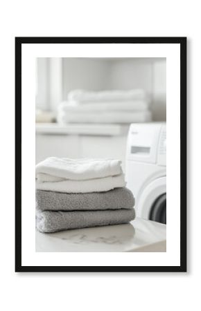 stack of fluffy white towels, freshly laundered and ready for use. The modern washing machine in the background