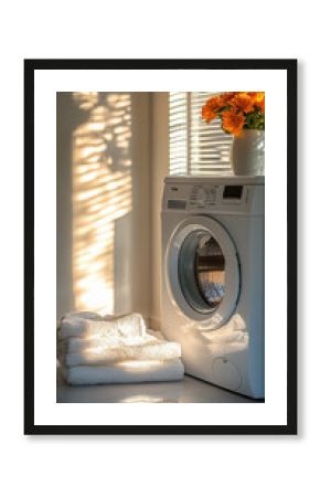 White washing machine with sunlight shadows on the wall creating an aesthetic cozy laundry scene