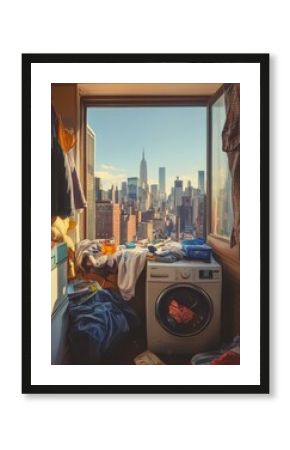 City View Laundry Room - Messy laundry room with cityscape view, showcasing clothes, washing machine, and urban panorama. Symbolizes city life, contrast, domesticity, chaos and order.