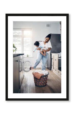 Woman, baby and phone call with laundry in home, household tasks and remote communication for work. Family, mother and care for child with online conversation, love and multitasking with washing