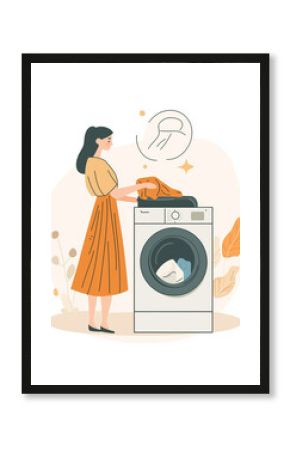 Woman doing laundry in stylish clothing beside a washing machine at home