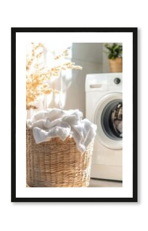 Bright laundry room with basket and washing machine.