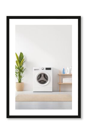 Modern laundry room setup with washing machine essentials and decorative plant