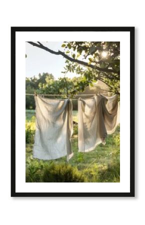 Freshly washed linen billows gently on a clothesline in a sunlit garden on a serene morning. Generative AI
