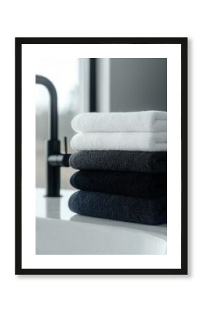 A stack of towels, including a white, black, and gray one