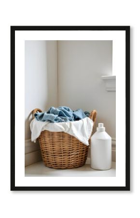 A wicker basket with dirty laundry stands on the floor in the laundry room, next to it there is a white bottle of laundry detergent