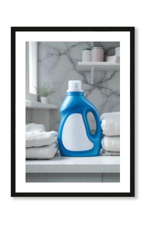 A bottle of laundry detergent with a white blank label on a light laundry background