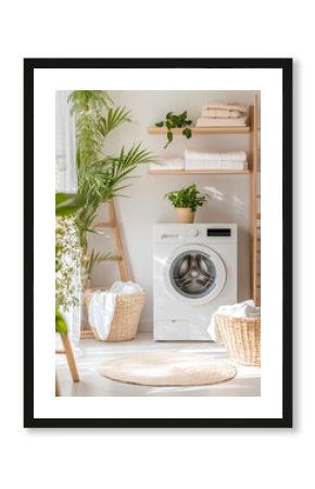 Modern White Laundry Interior with High-Tech Washing Machine and Green Plants