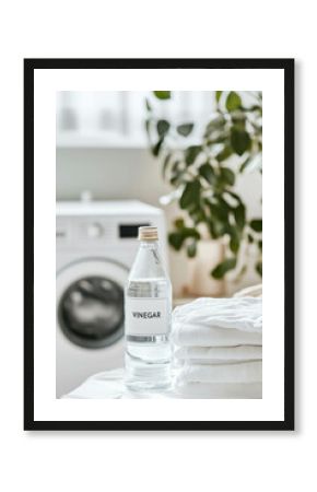 Bottle of vinegar in modern sunful laundry room, washing machine on vertical background with copy space. Natural cleaning produit. 