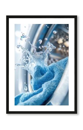 Washing machine with splash of water and blue towel during laundry cycle. Home appliance, cleaning, and household chore concepts in vibrant indoor setting.