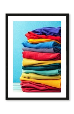 Colorful stack of neatly folded clothes on a vibrant blue background symbolizing order and style, perfect for showcasing laundry or retail and fashion industry themes.