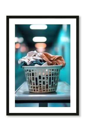 A worn plastic laundry basket overflows with crumpled clothes, left on a table in an empty laundromat. Soft light flickers overhead, creating a quiet and solitary atmosphere