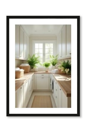 Sunny, white laundry room with plants