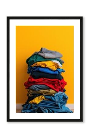 A neatly stacked pile of colorful clothing sits against a vibrant yellow wall, perfect for a student dorm laundry guide or a clothing care banner.