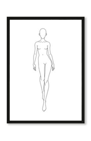 Woman fashion template - walking  front view - linear drawing