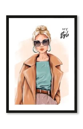 Fashion blond hair woman. Beautiful girl in sunglasses. Stylish girl in coat. Fashion illustration.