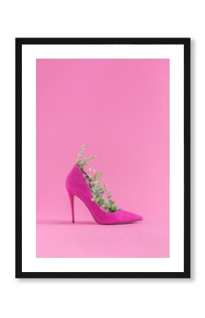 Minimal sustainable fashion concept with high heels and green leaves on pastel pink background. Environmental protection and sustainability idea. Ecofriendly aesthetics.