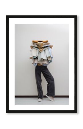 Woman holding pile of clothes. Minimal fashion faceless portrait.