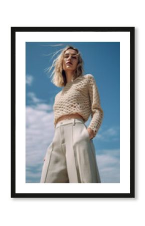 A woman in a cropped sweater and wide legged pants. Generative AI.