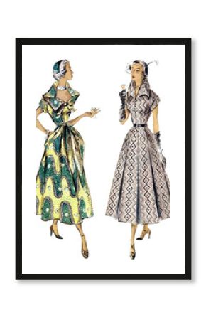 1950s elegant vintage women fashion illustration for clothing advertisement