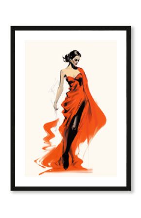 Beautiful fashionable young woman in red evening dress, fashion sketch illustration style
