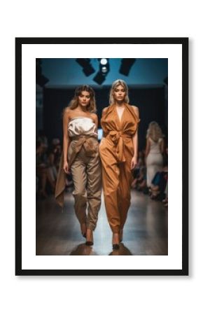 shot of two fashion models showing off their clothing on a runway