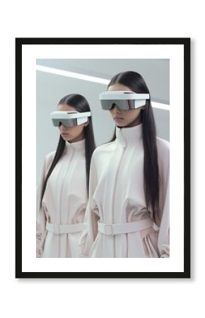 Two stylish women clad in futuristic fashion boldly embrace the cutting-edge technology of virtual reality with their sleek white and black goggles