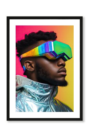 A man dressed in futuristic fashion stands confidently in front of a wall, wearing colorful goggles and a hat, showcasing the new virtual reality technology