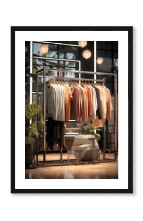 A display of various clothes on a rack in a clothing store. Perfect for showcasing the latest fashion trends and styles