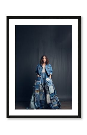 Famale model wearing an avant-garde, eco-friendly outfit composed entirely of recycled denim dress with various shades of blue denim pieced together in an artistic patchwork