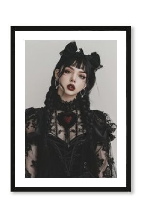 A gothic woman in black with dramatic makeup and a dark romantic fashion style