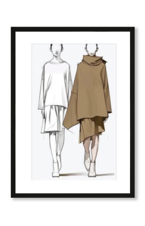 fashion sketching of an Oversized regular top with skirt，Minimalist asymmetrical style .With simple lines and flat shapes, illustration made with generative AI