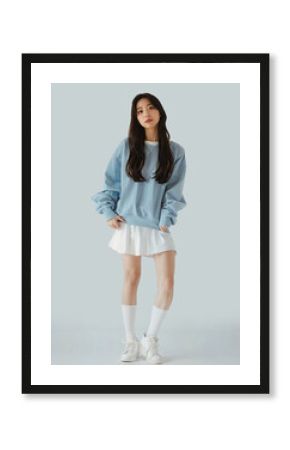 Full Body Photo of Asian woman in Light Blue Loose Sweatshirt and White Short Skirt Posing Against Simple Background
