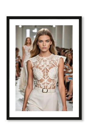 Mujer modelo desfilando por una pasarela de moda con ropa blanca con transparencias