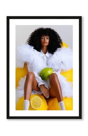 A model dressed in a white ruffled fashion piece, seated amidst a pile of large yellow lemons, against a white background, embodying a blend of freshness and fashion artistry.