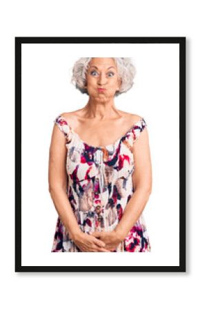 Senior grey-haired woman wearing casual clothes puffing cheeks with funny face. mouth inflated with air, crazy expression.