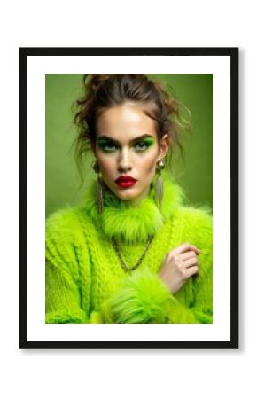 Edgy fashion statement in fluffy lime sweater with bold makeup and jewelry