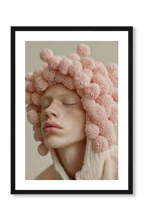 Close-up portrait of a freckled model wearing an avant-garde pink bubble-textured headpiece. A serene and artistic fashion statement combining organic textures with soft pastel tones