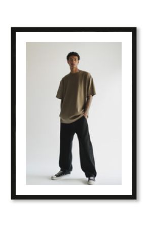 Young Man in Oversized Brown T-Shirt and Black Pants Posing Against White Background