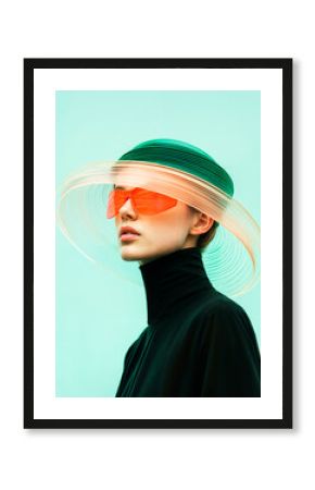 Futuristic fashion portrait of a woman wearing a modern, wide-brimmed hat and bold orange sunglasses against a minimalist mint green background. .