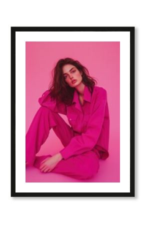 Stylish woman in a vibrant pink outfit posing against a pink background, showcasing modern fashion trends and bold aesthetics.