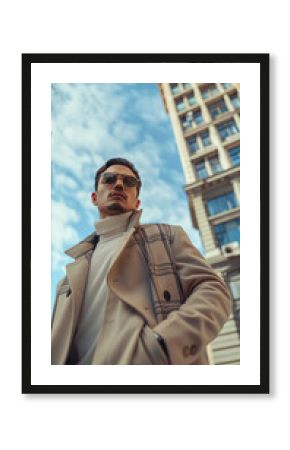 Stylish male model wearing high end fashion clothing, posing confidently against city backdrop with clear blue sky. urban setting enhances fashionable vibe