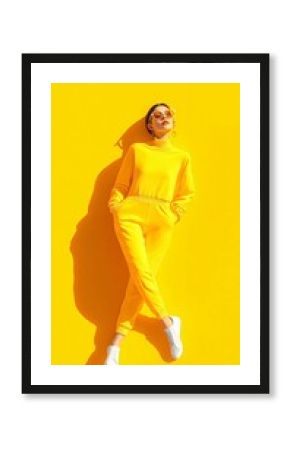 A stylish woman in a vibrant yellow outfit poses confidently against a bold yellow backdrop, radiating energy and fashion.
