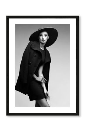 high fashion portrait of elegant woman in black  hat and coat.