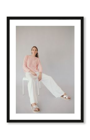 Studio fashion portrait of gorgeous teen girl