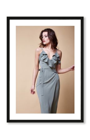 Pretty beautiful sexy elegance woman skin tan body fashion model glamor pose wear trend dress casual clothes party summer collection makeup hair style brunette success accessory jewelry studio.