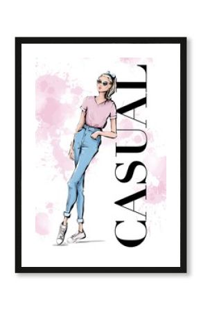 Hand drawn beautiful young woman in casual clothes. Stylish girl. Fashion woman look. Sketch. Fashion illustration.