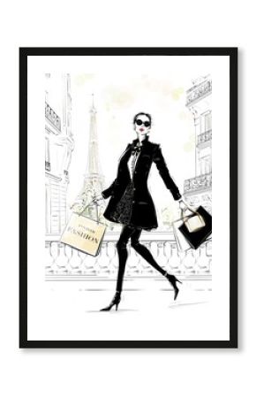 Hand drawn beautiful young woman with bags. Fashion look. Stylish girl in fashion clothes with Paris street background. Woman in black coat. Sketch. Fashion illustration.