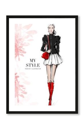 Hand drawn beautiful young woman with bag. Fashion look. Stylish girl in red shoes. Woman in black jacket. Sketch. Fashion illustration.