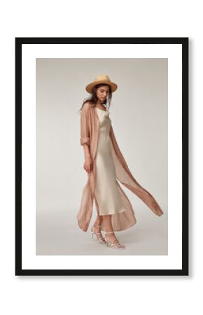 Beautiful woman fashion model makeup brunette hair perfect body shape tanned skin wear clothes summer collection organic silk dress and long shirt cape stylish sandals shoes, accessory hat romantic.